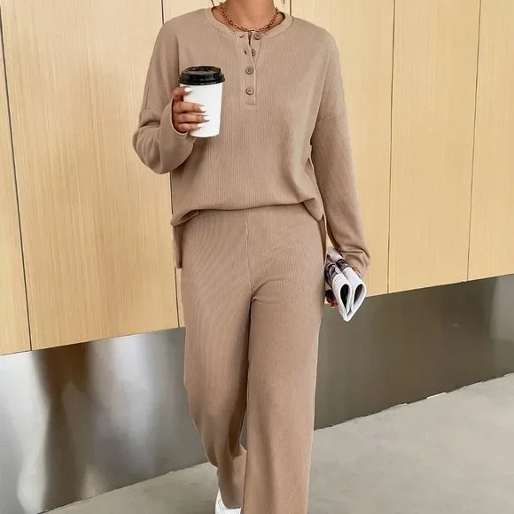 Khaki Casual Womens Drop Shoulder Half Button Tee & Pants - Picture 1 of 5